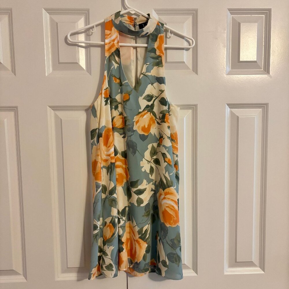 Lulus Floral Halter Keyhole Mini Swing Dress Blue Peach Size S - Picture 3 of 7